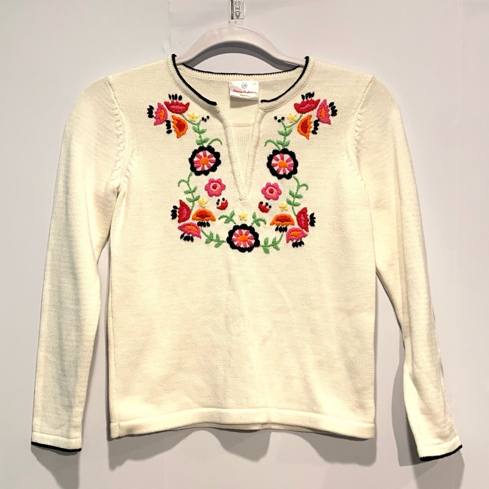 Hanna Andersson Girls’ Floral Embroidered V-neck Sweater Tunic Cream